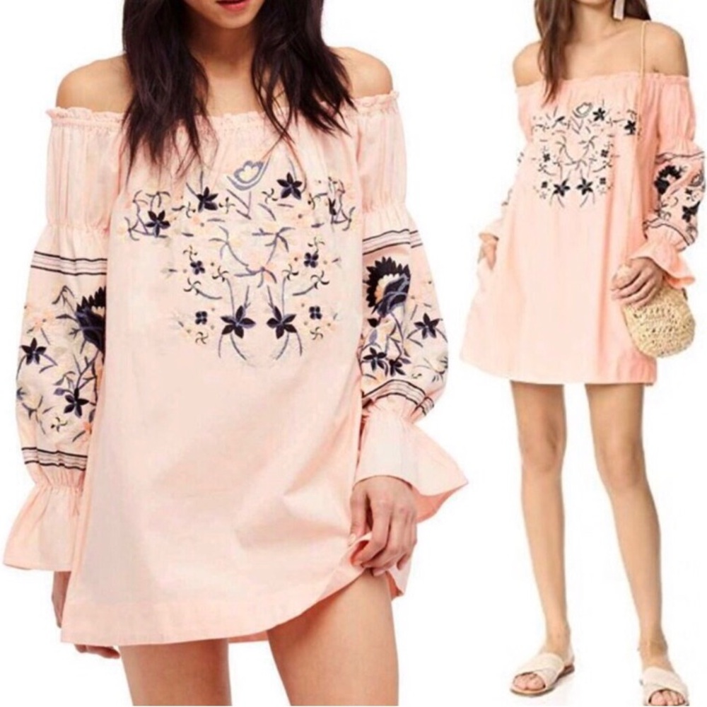 Free People Fleur du jour dress cotton pockets embroidered off shoulder mini